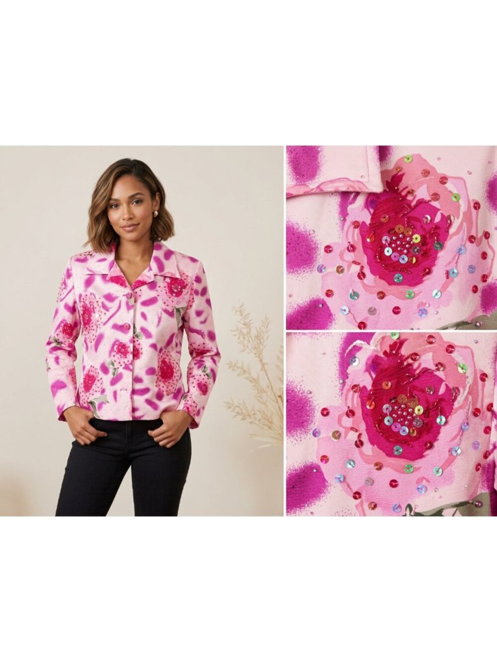 Womens Jacket Sz 14 Pink Floral Abstract Print Button Front Y2K Statement Blazer